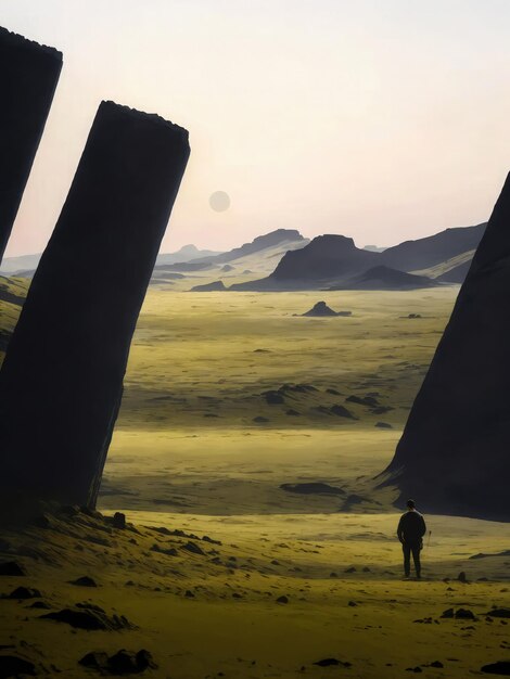 un planeta en el espacio con rocas desérticas con llanuras mixtas y un horizonte cinematográfico con pocos humanos