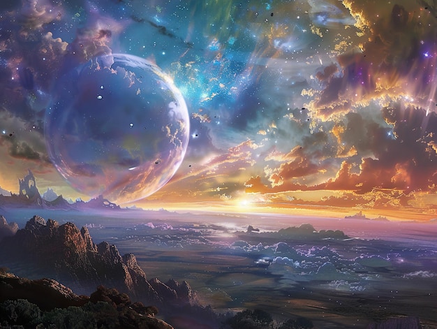 un planeta está en el cielo y el cielo está coloreado con nubes