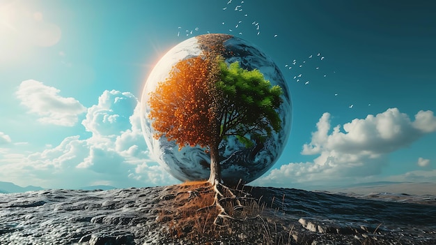 Foto planeta exuberante e seco com árvores conceito de mudança climática
