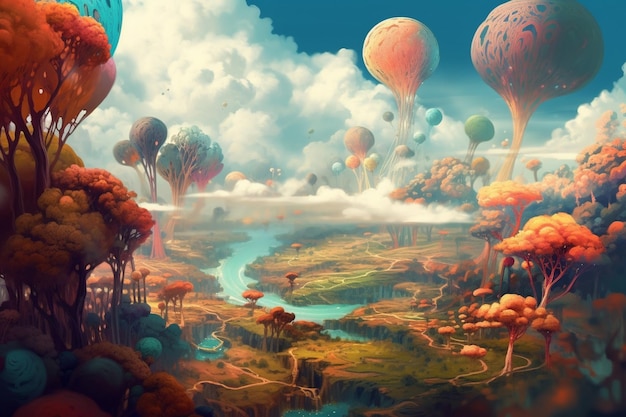 Planeta fantástico com nuvens rodopiantes e paisagem colorida criada com IA generativa