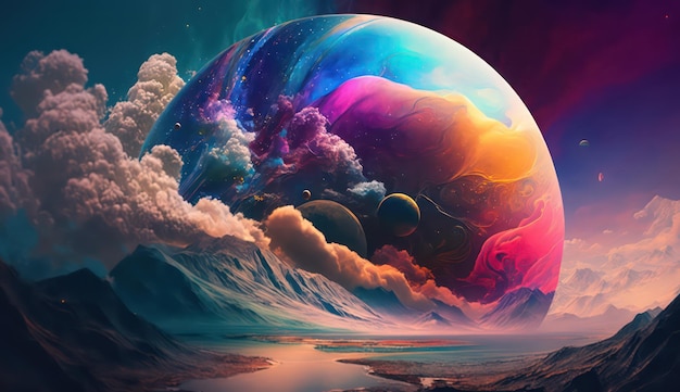 Planeta fantástico com nuvens rodopiantes e paisagens coloridas Generative AI