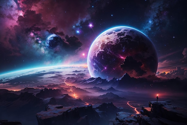 Planeta ficticio con coloridas estrellas y nebulosas en el cielo nocturno
