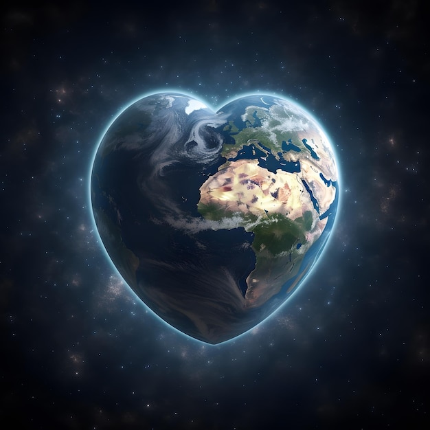 Un planeta en forma de corazón con el planeta tierra en el medio.