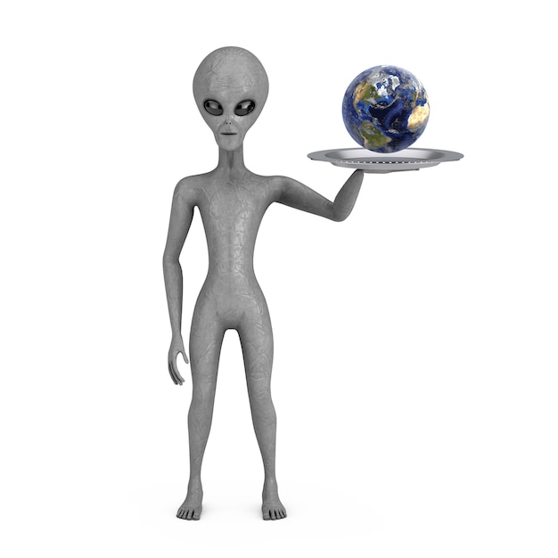 Planeta del globo terráqueo azul sobre la mano alienígena humanoide gris aterradora con la representación 3d de la bandeja
