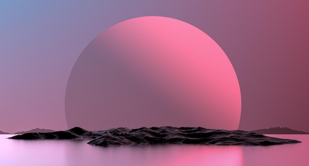 Planeta grande brilhante rosa-laranja no horizonte no contexto das ilhas e da superfície da águaFuturismo abstrato minimalistaPlaneta de paisagem abstrata e ilha3D render