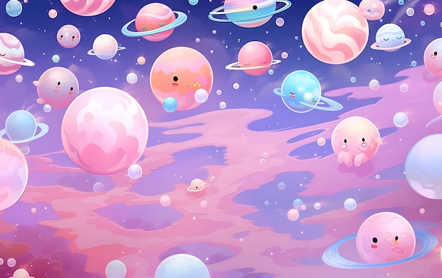 Planeta japonês bonito padrões repetidos estilo de arte anime com cores pastel