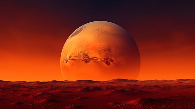 Foto planeta marte visible en un telescopio con dunas de arena y un cielo rojo