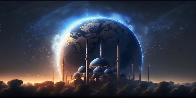 Planeta con una mezquita en el medio.