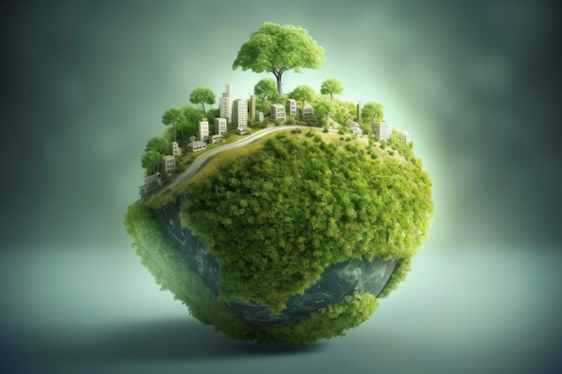 Planeta en miniatura con entorno verde y edificios urbanos
