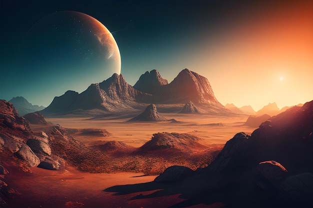 Un planeta con montañas y un planeta al fondo.