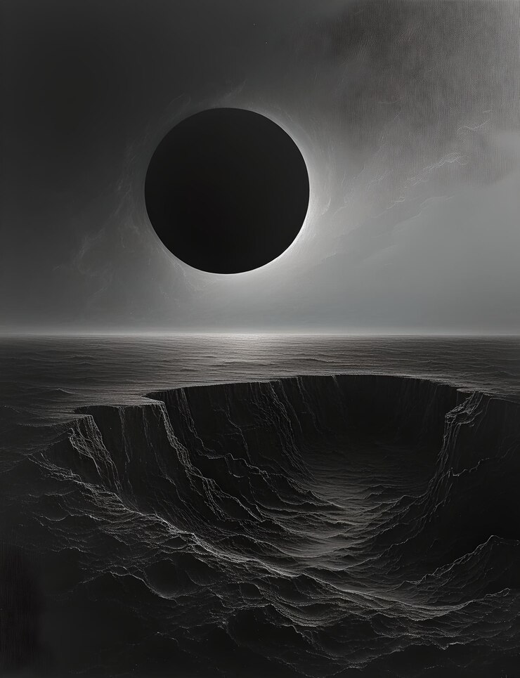 Planeta negro surrealista sobre el paisaje del cráter Abstracto Escena de ciencia ficción dramática oscura para obras de arte