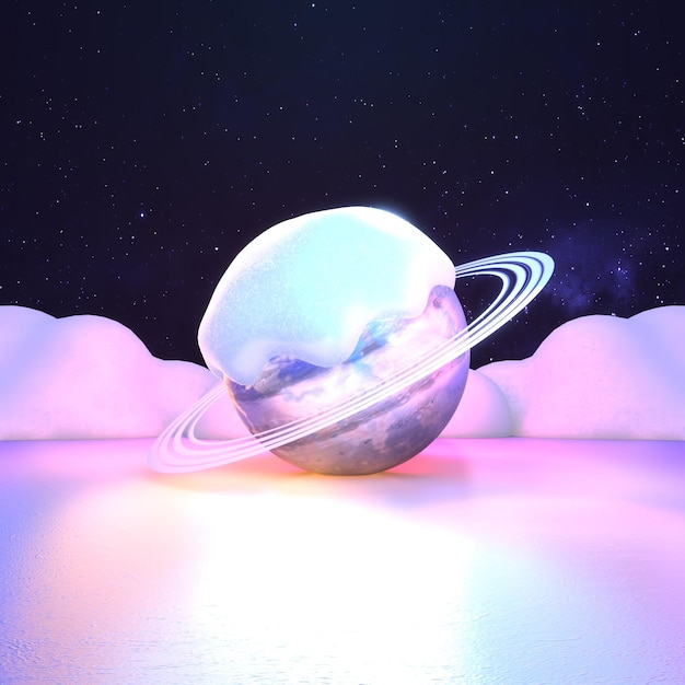 Planeta neon renderizado em 3D coberto de neve.