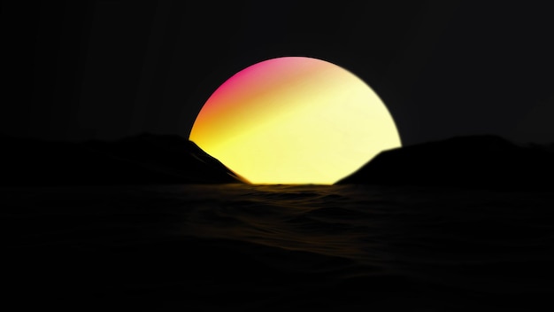 Planeta de paisaje abstracto brillante en el horizonte del agua y las montañas en la penumbra de la oscuridad Crepúsculo negro y un planeta de neón brillante contra el fondo del agua en renderizado 3D borroso