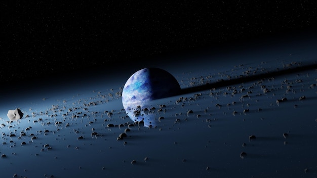 Planeta Pandora rodeado de anillos de cinturón de asteroides restos del planeta destruido Protoplaneta azul en el espacio del cosmos negro del universo 3d render