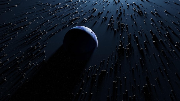 Planeta Pandora rodeado de anillos de cinturón de asteroides restos del planeta destruido Protoplaneta azul en el espacio del cosmos negro del universo 3d render