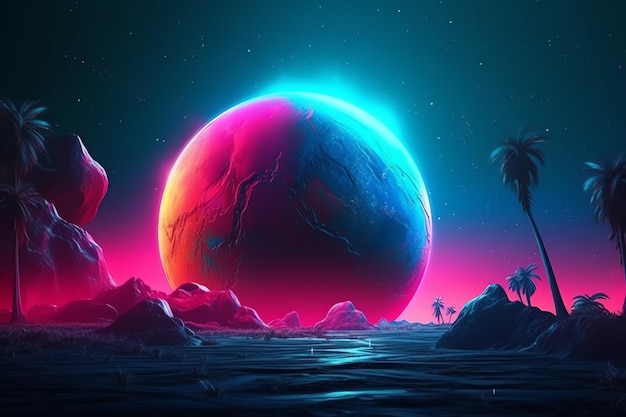 Un planeta con un planeta azul y rojo al fondo.