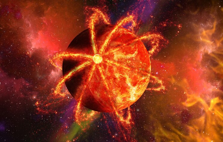 Foto planeta rodeado por um anel de fogo, no coração do espaço