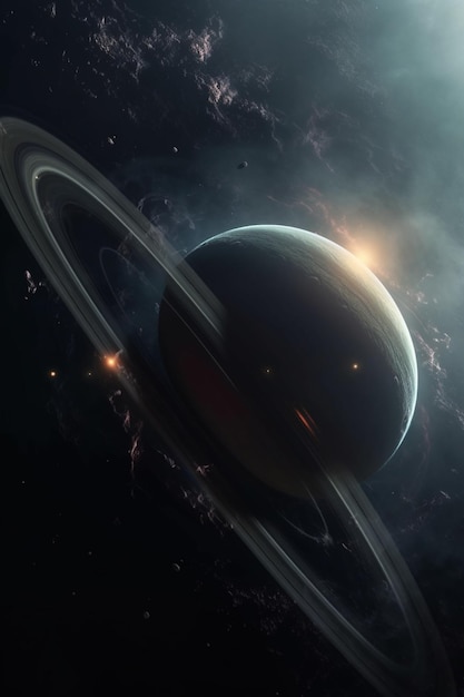 El planeta Saturno está rodeado de estrellas y el sol está rodeado de estrellas.