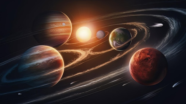 un planeta con el sol en el fondo