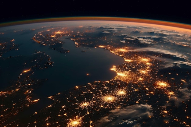 Planeta Terra à noite com ilustração 3D de luzes visíveis da cidade