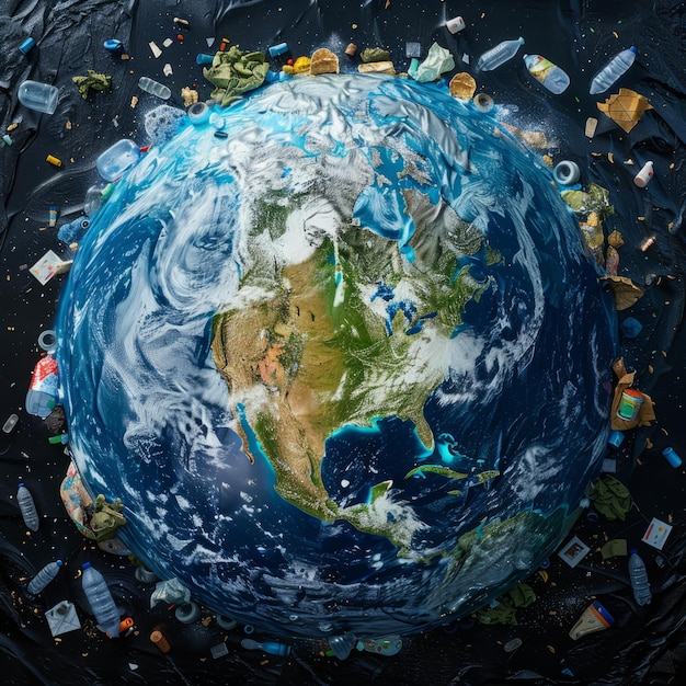 Planeta Terra cercada por resíduos plásticos Conceito do Dia Mundial do Meio Ambiente Conceito do Día da Mãe Terra
