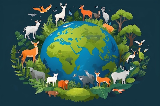 Planeta Terra com animais e plantas para a biodiversidade