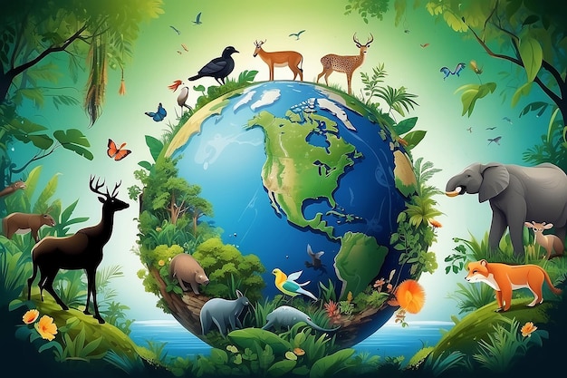 Planeta Terra com animais e plantas para a biodiversidade