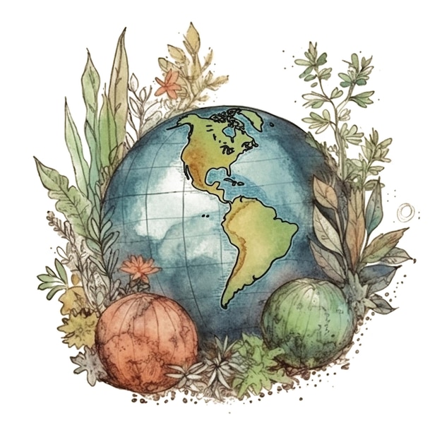 Planeta Terra com folhas de aquarela em fundo branco