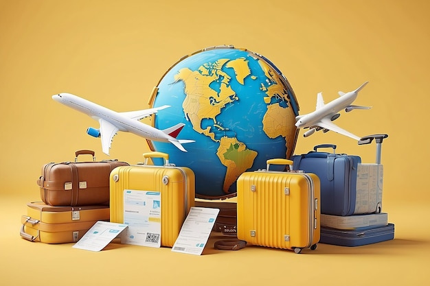 Planeta Terra com geotags malas avião e bilhetes de avião em um fundo amarelo o conceito de viagem de avião viagem de negócios viagem de férias renderização 3d