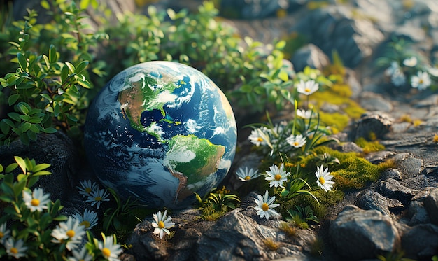 planeta Terra com grama verde e flores conceito de dia da Terra