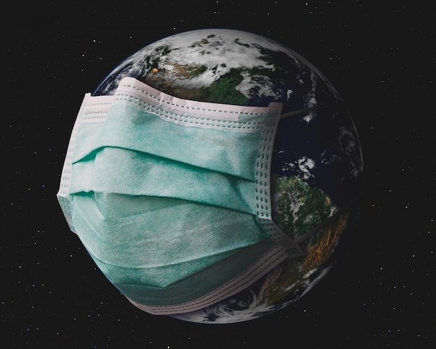Planeta terra com máscara cirúrgica.