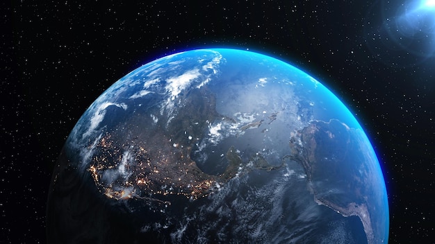 Planeta terra com superfície de geografia realista e atmosfera de nuvem 3d orbital