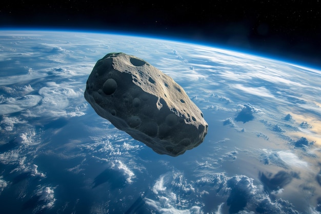 Foto planeta terra e grande asteróide no espaço se aproximando do planeta