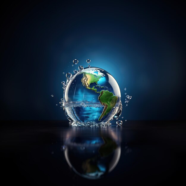 Planeta Terra em água com bolhas em fundo escuro renderização 3D Ai Gerado