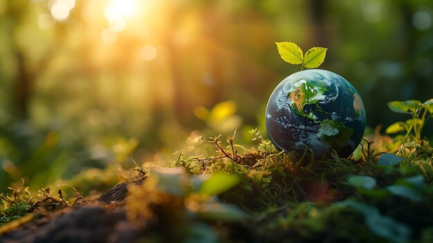 Foto planeta terra esfera em folhas verdes fundo ecologia e conceito de cuidado do meio ambiente