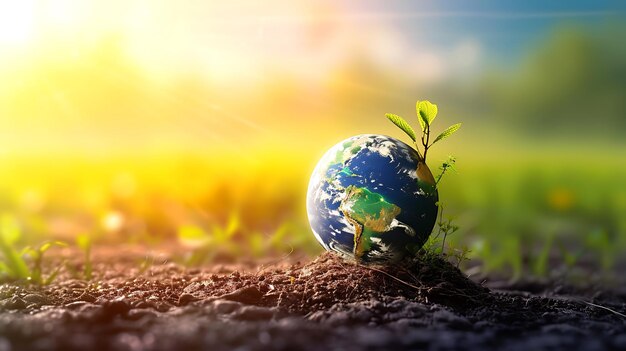 Foto planeta terra esfera em folhas verdes fundo ecologia e conceito de cuidado do meio ambiente
