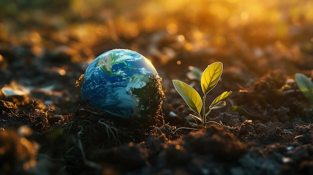 Foto planeta terra esfera em folhas verdes fundo ecologia e conceito de cuidado do meio ambiente