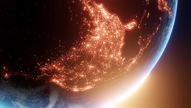 Planeta Terra realista visto do espaço à noite mostrando as luzes da américa do norte renderização 3d cinematográfica do planeta EarthEnergy consumo de eletricidade indústria conceitos de ecologia