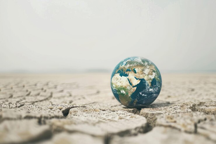 Planeta Terra seca em fundo branco em solo rachado