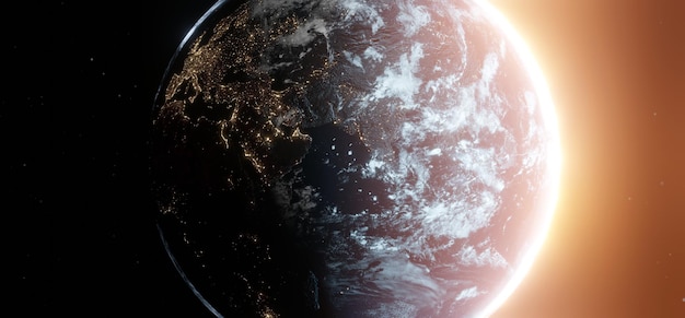 Planeta Terra visto do espaço à noite mostrando as luzes durante a noite da europa áfrica o golfo e a índia renderização 3d do planeta Terra Fundo de papel de parede tecnológico e de comunicações