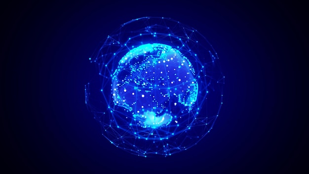 Planeta Tierra abstracto con partículas y un caparazón conectado con líneas Conexión de red global Ciencia y tecnología Representación 3D