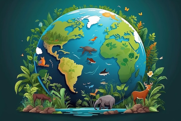 Planeta Tierra con animales y plantas para la biodiversidad