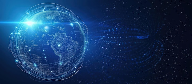 Planeta Tierra azul oscuro con tecnología digital órbita del planeta generada por IA