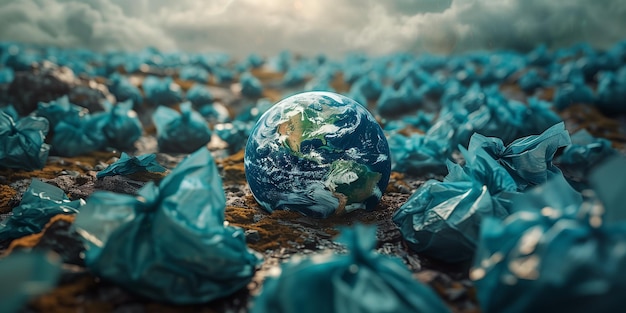 Planeta tierra basura bolsas de basura de plástico medio ambiente y ecología concepto contaminación y daño a la naturaleza
