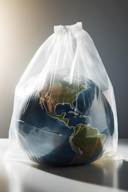 Planeta Tierra en una bolsa de plástico Globo en el paquete Concepto de catástrofe global AI Generativo