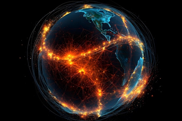 Planeta Tierra brillante con líneas y puntos conectados que representan conexiones internacionales