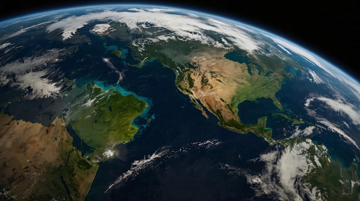 un planeta tierra con un cielo nublado y la tierra en el fondo