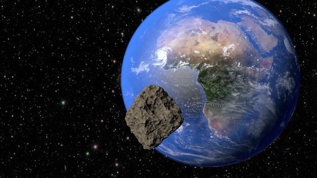 Planeta Tierra, continente África y meteorito volando hacia él. Representación 3D.