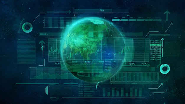 El planeta Tierra y los datos comerciales infográficos que representan el movimiento digital de la economía global.