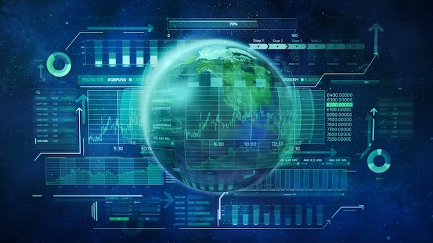 Foto el planeta tierra y los datos comerciales infográficos que representan el movimiento de los mercados bursátiles mundiales